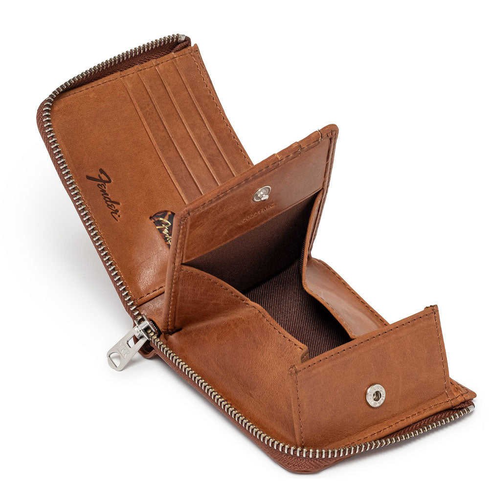 FENDER - L-shaped Zipper Bi-Fold Wallet / Brown / Includes Guitar Pick & Wallet Cord / Wallet