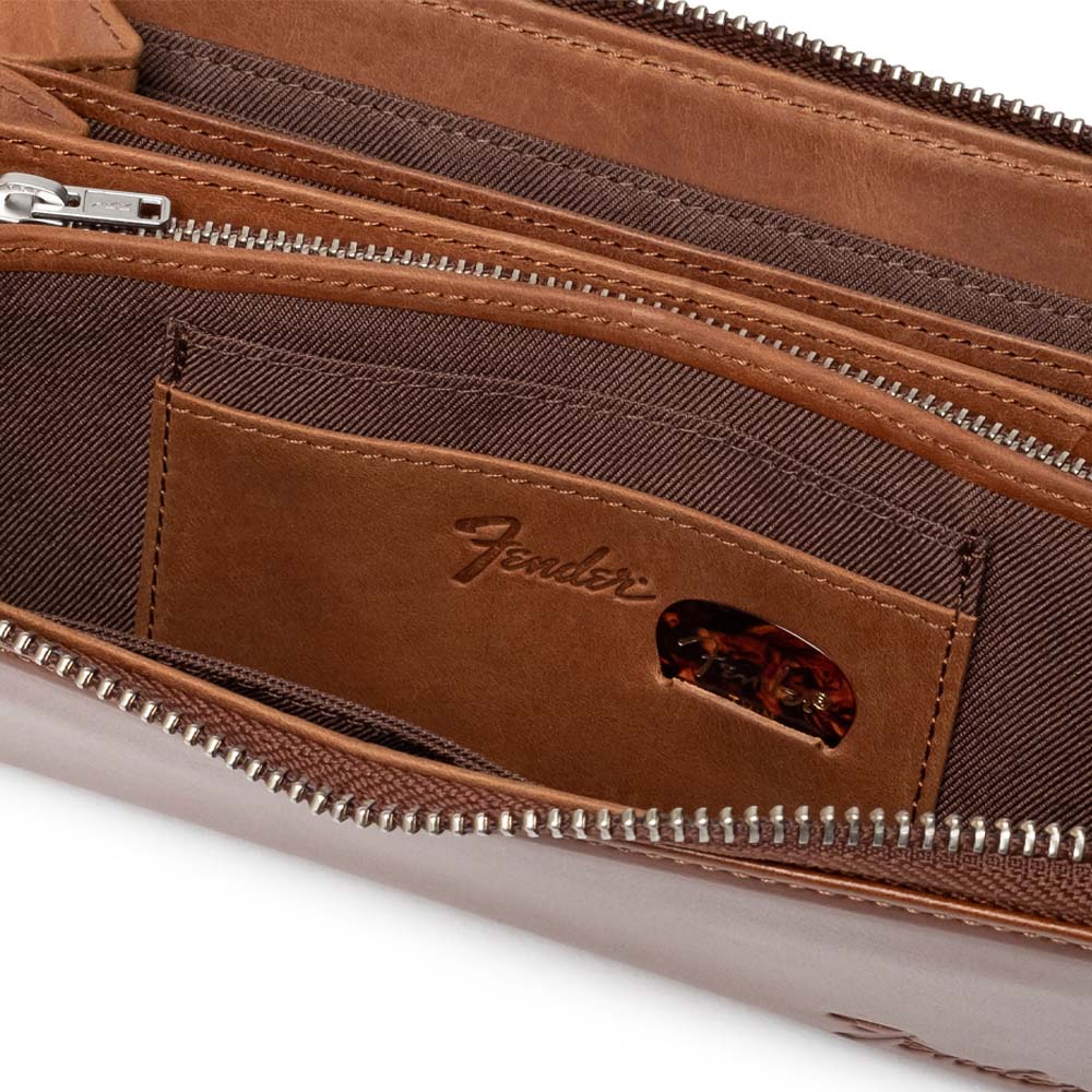 FENDER - Long Wallet with L-shaped Zipper / Brown / Includes Guitar Pick & Wallet Cord / Wallet