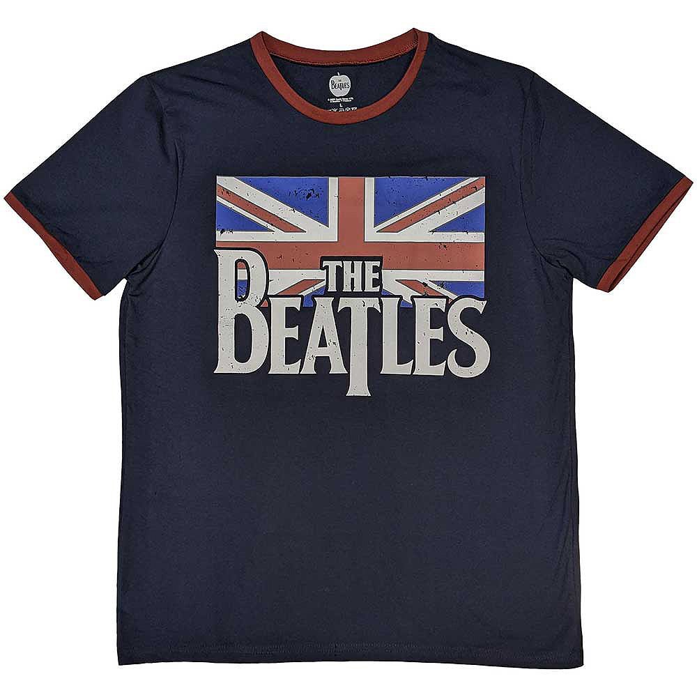 THE BEATLES ビートルズ (結成 65周年 ) - Drop T Logo & Vintage Flag / リンガー / Tシャツ / メンズ - PGS