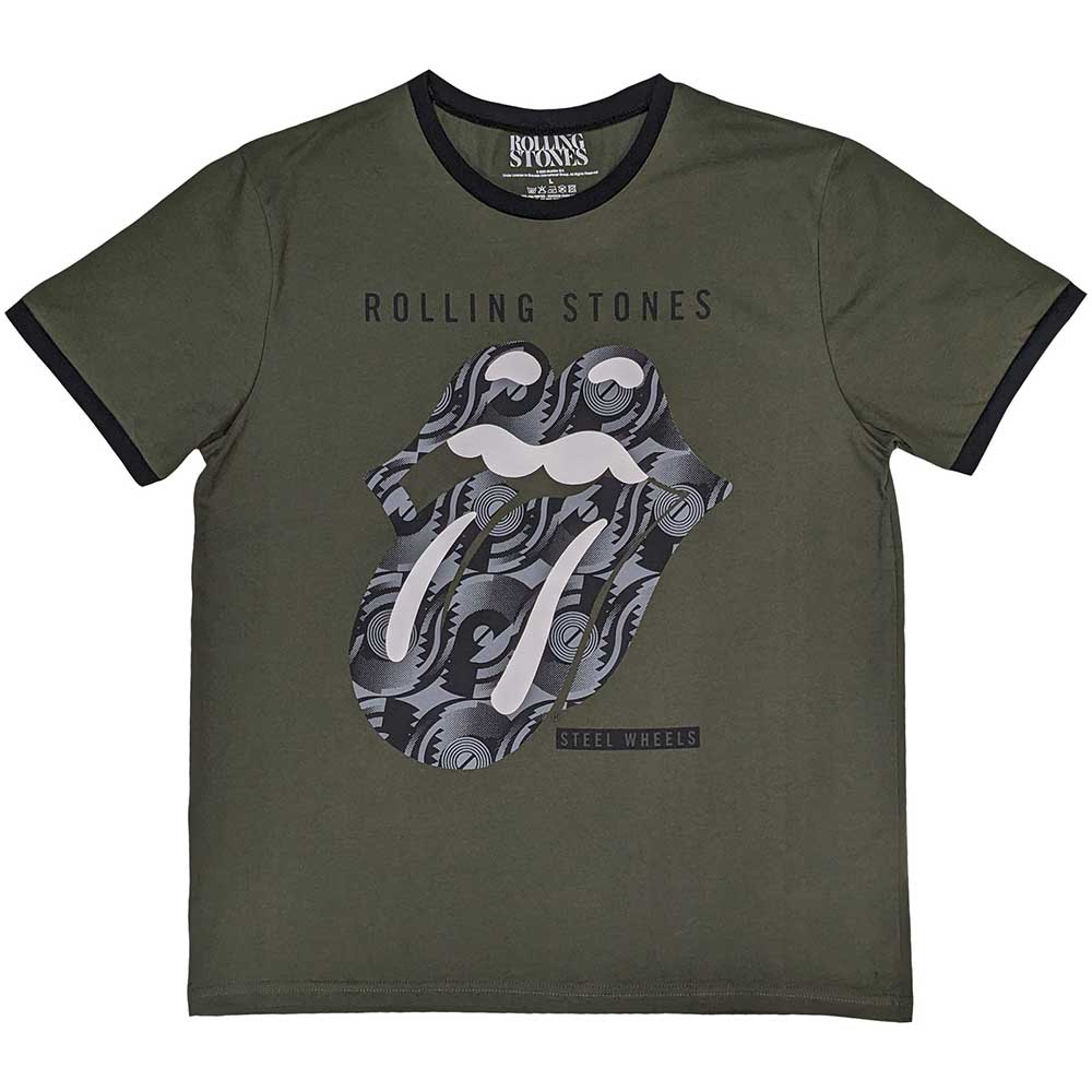 ROLLING STONES ローリングストーンズ (来日 35周年 記念 ) - Steel Wheels Black & White Tongue / Khaki Green / リンガー / Tシャツ / メンズ - PGS