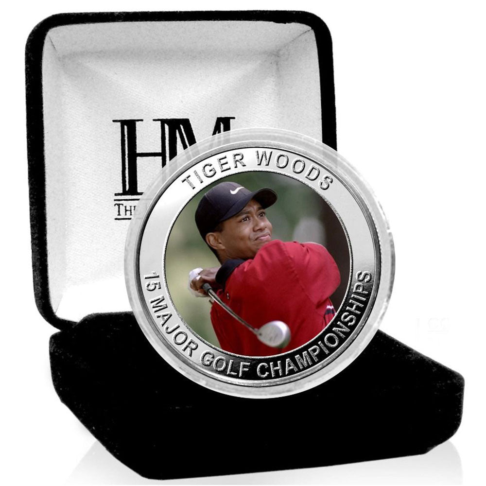 TIGER WOODS (50th Anniversary) - 15 Major Golf Championships Silver Plated Color Coin / Limited to 5000 pieces worldwide / Coin