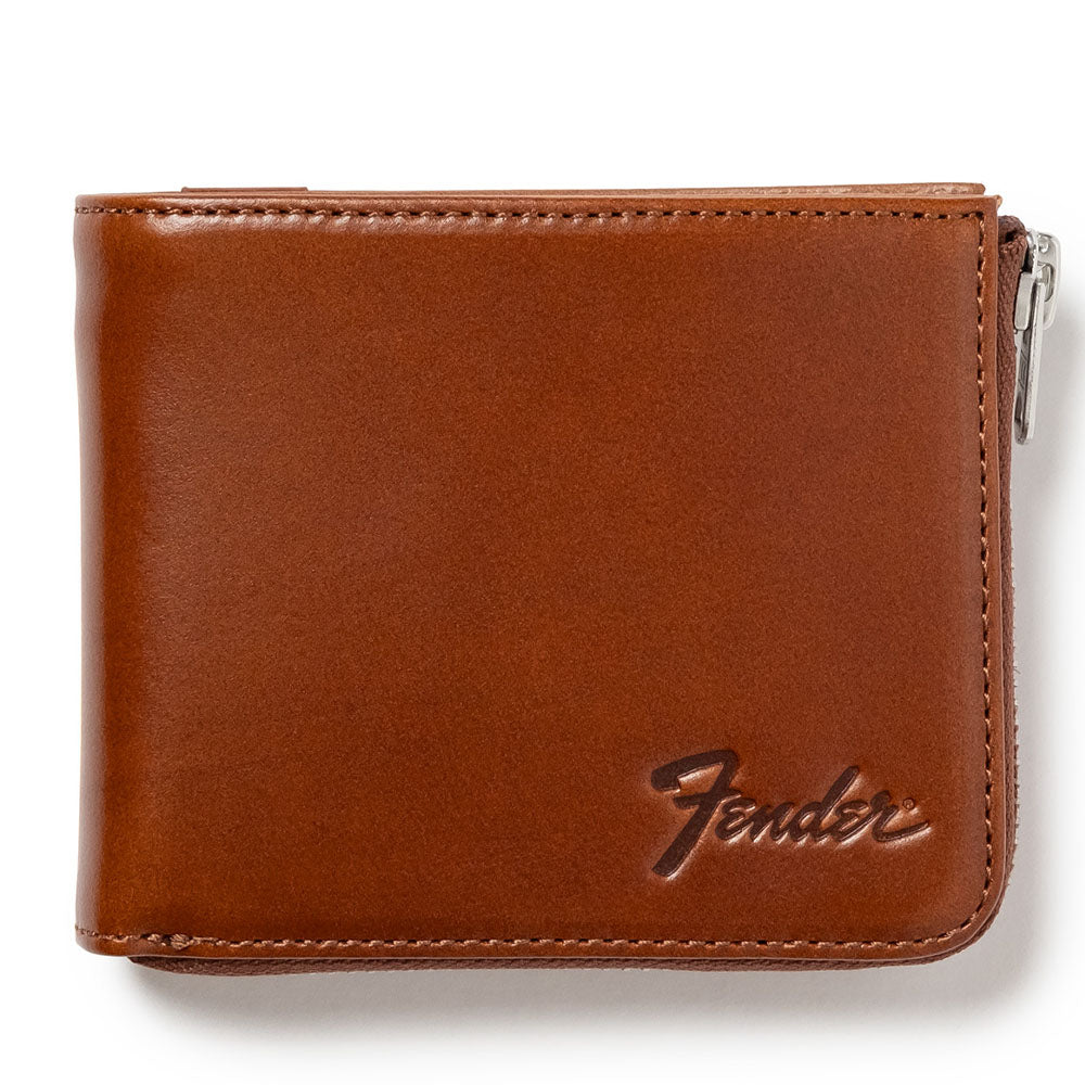 FENDER (80th Anniversary) - Bi-fold wallet with L-shaped zipper / Brown / Guitar pick and wallet cord included / Wallet