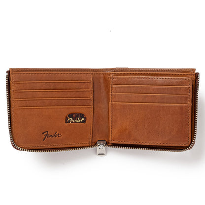 FENDER (80th Anniversary) - Bi-fold wallet with L-shaped zipper / Brown / Guitar pick and wallet cord included / Wallet
