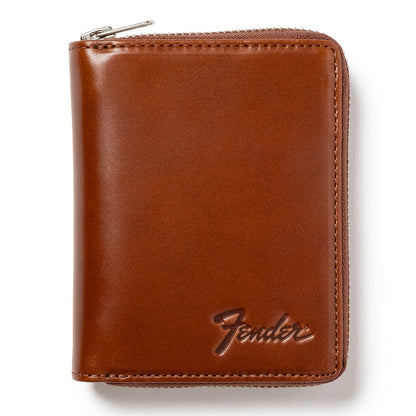 FENDER - Bi-fold Wallet with Round Zipper / Brown / Includes Guitar Pick and Wallet Cord / Wallet