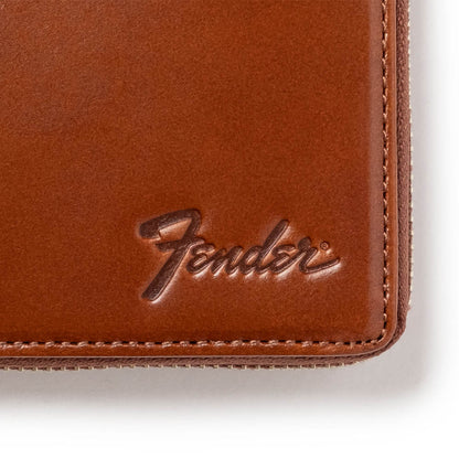 FENDER - Bi-fold Wallet with Round Zipper / Brown / Includes Guitar Pick and Wallet Cord / Wallet
