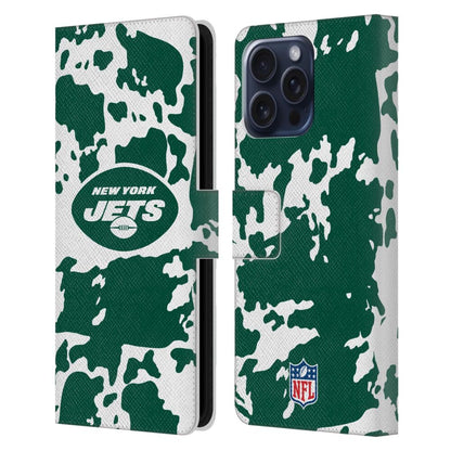 NEW YORK JETS（NFL） ニューヨークジェッツ ニューヨークジェッツ - Cow Animal Print レザー手帳型 / Apple iPhoneケース 【公式 / オフィシャル】
