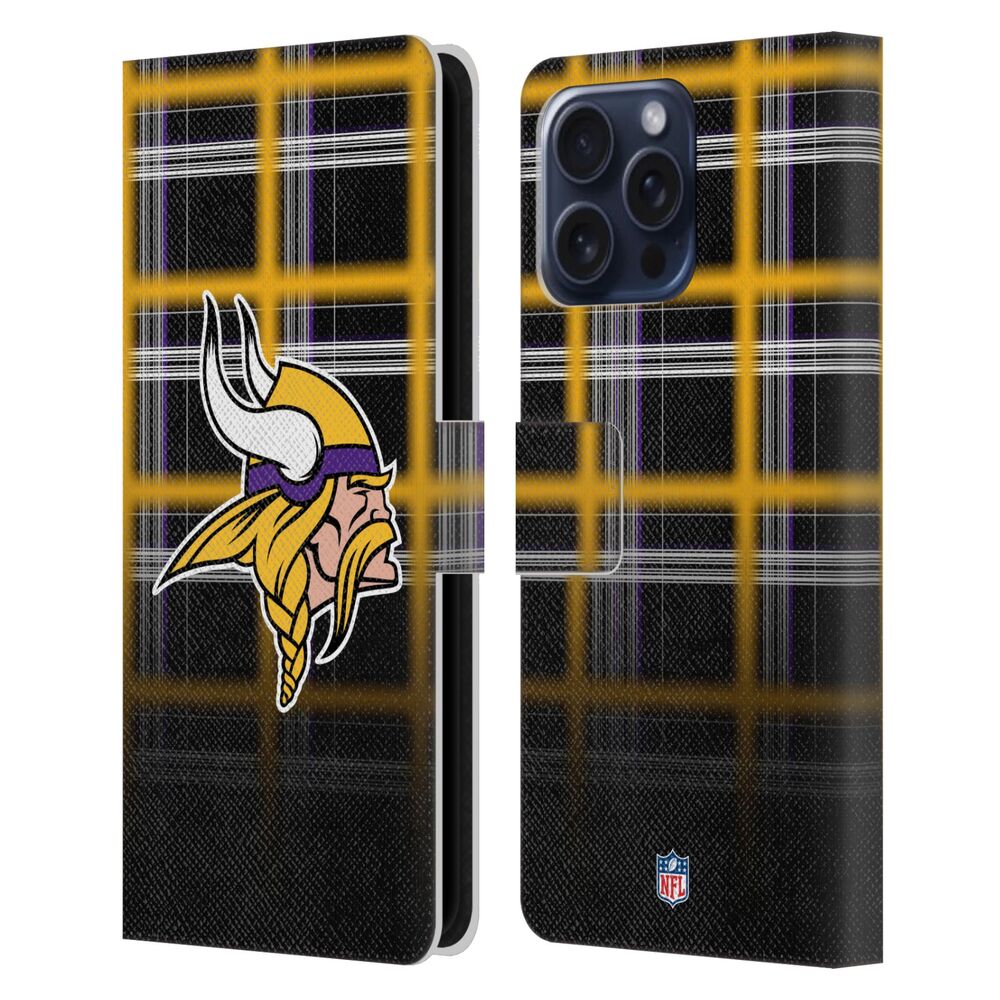 MINNESOTA VIKINGS（NFL） ミネソタバイキングス ミネソタバイキングス - Ombre Black Plaid レザー手帳型 / Apple iPhoneケース 【公式 / オフィシャル】
