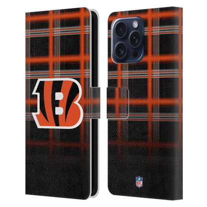 CINCINNATI BENGALS（NFL） シンシナティベンガルズ シンシナティベンガルズ - Ombre Black Plaid レザー手帳型 / Apple iPhoneケース 【公式 / オフィシャル】