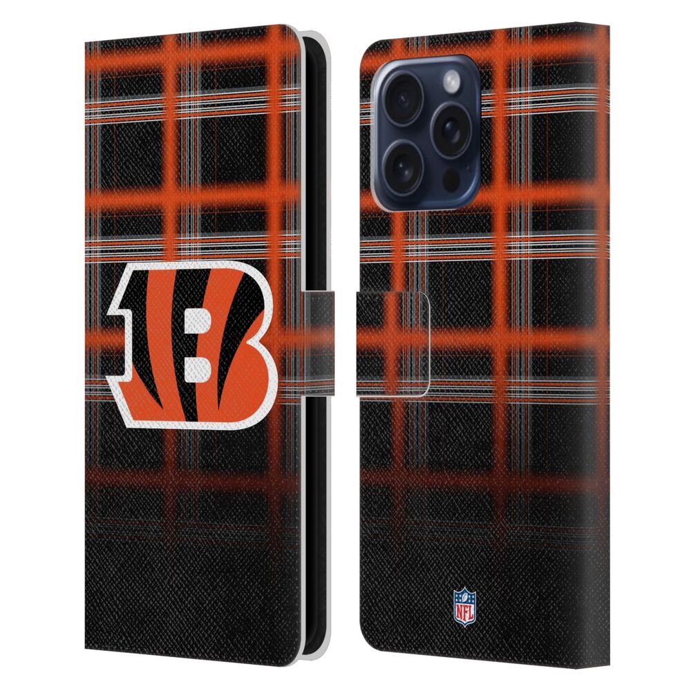 CINCINNATI BENGALS（NFL） シンシナティベンガルズ シンシナティベンガルズ - Ombre Black Plaid レザー手帳型 / Apple iPhoneケース 【公式 / オフィシャル】