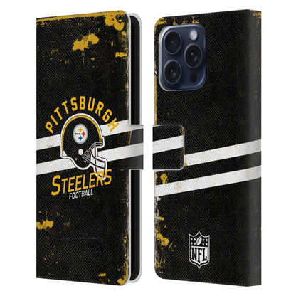 PITTSBURGH STEELERS（NFL） ピッツバーグスティーラーズ ピッツバーグスティーラーズ - Helmet Distressed レザー手帳型 / Apple iPhoneケース 【公式 / オフィシャル】