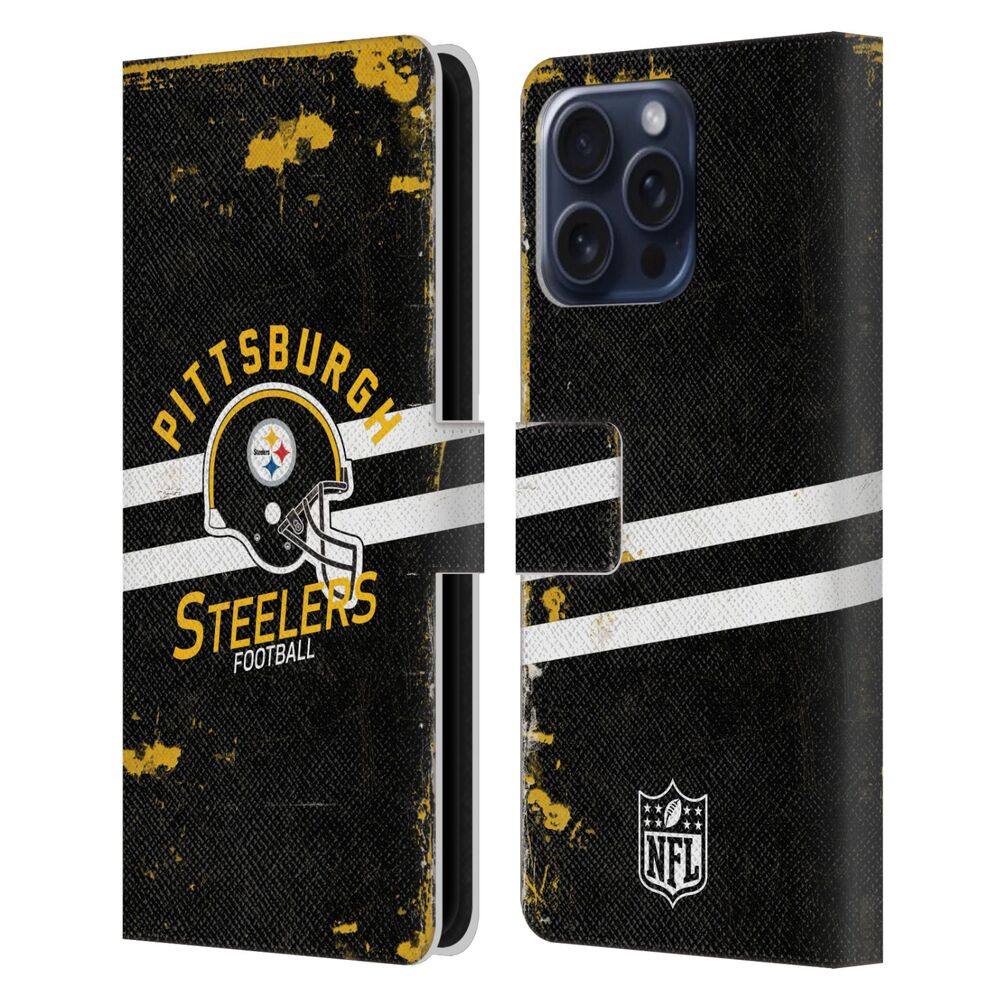 PITTSBURGH STEELERS（NFL） ピッツバーグスティーラーズ ピッツバーグスティーラーズ - Helmet Distressed レザー手帳型 / Apple iPhoneケース 【公式 / オフィシャル】