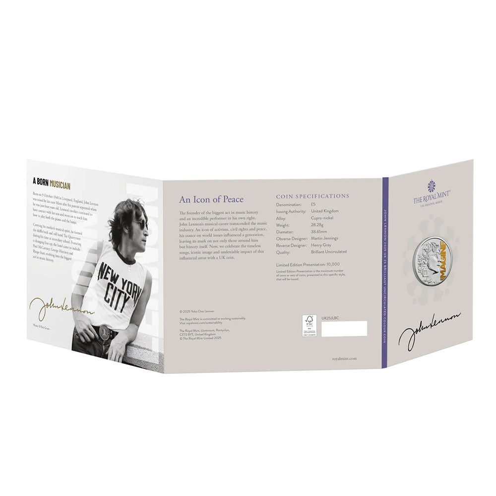 
                  
                    【予約商品】 JOHN LENNON ジョンレノン (生誕 85年 ) - 2025 UK £5 Brilliant Uncirculated Colour Coin 世界限定10,000 / 英国王立造幣局 / コイン 【公式 / オフィシャル】
                  
                
