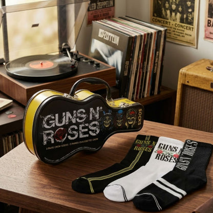 GUNS N ROSES ガンズアンドローゼズ (デビュー 40周年 ) - Logos / GUITAR TIN SOCK BOX / 3足セット / ソックス / メンズ